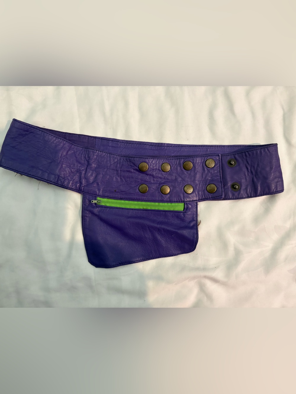 Vintage Style Purple Leather Handmade Belt Bag with Green Zip Brass Snaps OS